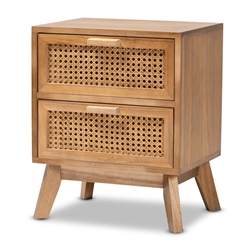 Baxton Studio Baden Mid-Century Modern Walnut Brown Finished Wood 2-Drawer End Table with Rattan